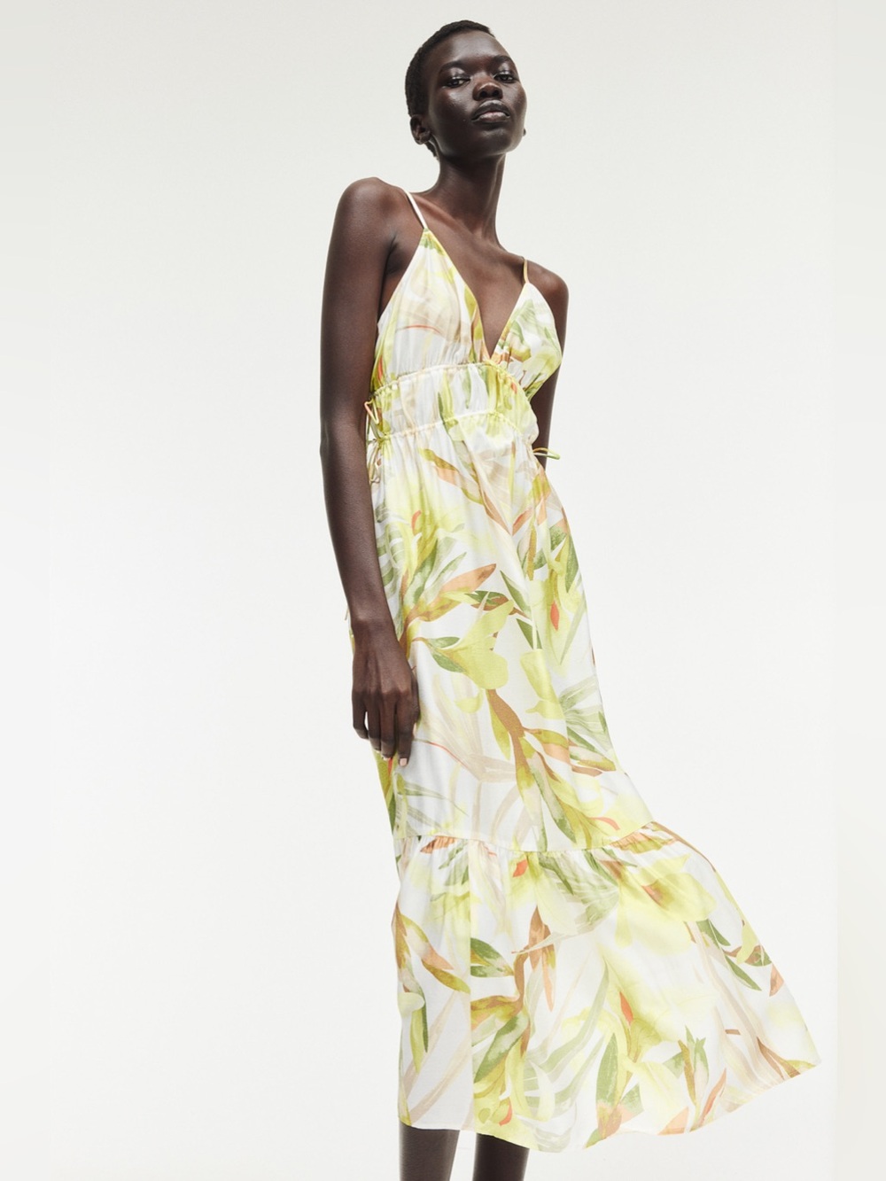 H&M Tropical Resort Wear Floral Drawstring Detail Maxi Dress Size L